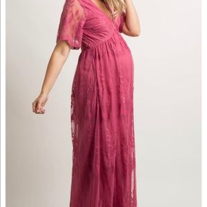 PinkBlush Magenta Lace Mesh Overlay Maternity Maxi